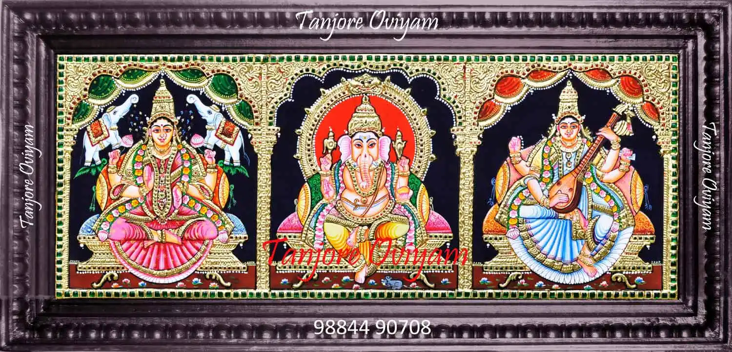 3 gods in one frame Tanjore painting with three panel design, gold work and traditional multi gods composition